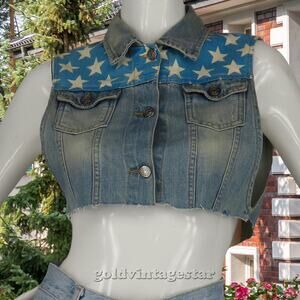 Melville Distressed USA Flag Denim Jacket Vest M